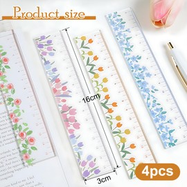 Lovely Flower Straight Ruler 4pcs Set – Sturdy Stylish Aesthetic Acrylic Small Rulers for School Use – 15cm Measuring Tool, Ruler 15cm with Floral Design, Suitable for Math Tools and Drawing Supplies