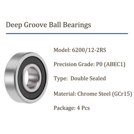 Kozelo 4pcs Deep Groove Ball Bearings - [12mm x 30mm x 9mm] Chrome Steel Balls for Motors Machine Tool Gearboxes Bearing Use, Double Sealed ABEC1