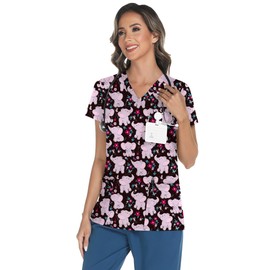 LOMON Scrubs for Women V Neck Pediatric Scrub Tops Soft Printed Scrub Shirts with 3 Pockets Elephant L