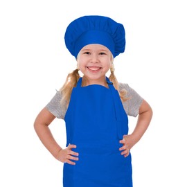 CRJHNS Kids Apron and Chef Hat Set, Adjustable Cotton Child Aprons with Large Pocket Blue Girls Boys Kitchen Bib Aprons for Cooking Baking Painting