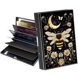 BREIDMKFM Metal Wallet,Credit Card Holder for Women Men,Thin Slim Mini Aluminum Wallet RFID Blocking Card Holder Hard Card Case Small Business Card Holder ID Case Travel Wallet,Bee Floral Moon