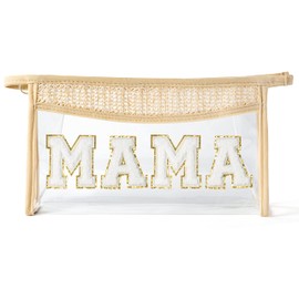 GROBRO7 Clear Toiletry Bag Patch Mama Varsity Letter Bag, Boho Beige Waterproof PVC Travel Cosmetic Bags with Zippers for Makeup Washing Nursing, Easy to Carry Business Trip Holiday Essentials