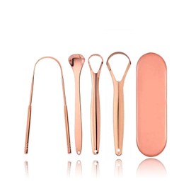 Festov 4 Piece Stainless Steel Tongue Grinder with Storage Box, Rose Gold for Oral Care, Tongue Cleaning, Bad Breath Prevention