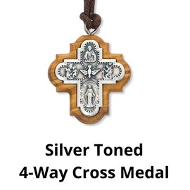 McVan Silver Toned 4-Way Catholic Cross with Wood Frame on Cord Necklace, Confirmation Holy Spirit Dove Medal, black