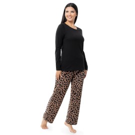 Fruit of the Loom Women's Sueded Jersey Crew Top and Fleece Pant Sleep Set, Black/Cheetah, Medium