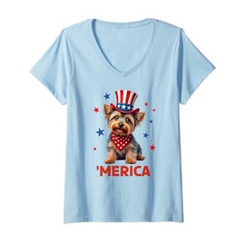 Womens Yorkie, 4th of July, Yorkshire Terrier, Patriotic V-Neck T-Shirt