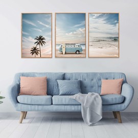 Ausril Large Ocean Beach Framed Canvas Wall Art Set, Bus and Palm Tree Wall Decor, Coastal Beach Surfboard Wall Painting, Modern Seaside Art Prints for Living Room, Bedroom, Dining Room - 16"x24"x3
