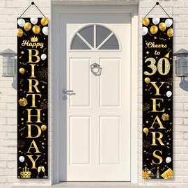 30th Birthday Party Decorations Banner - Happy 30th Birthday Party Door Porch Sign Banners Black Gold Door Banner for Women Men Birthday Party Decoration Supplies