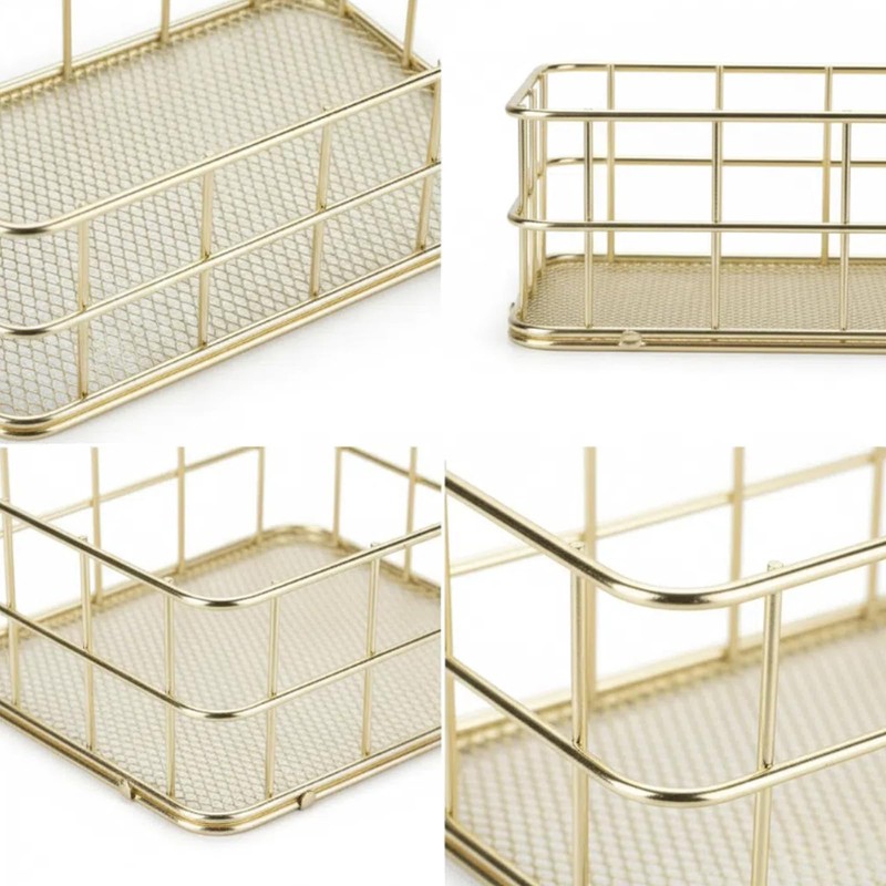 2Pcs Small Gold Wire Mesh Storage Basket Cosmetic Desk Organizer