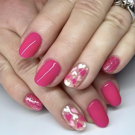 Vopintpy Valentine's Day Multicolor Heart Press on Nails Short Square Fake Nails with Glue on Nails Romantic Valentines Pink Glitter Acrylic Nails Reusable Glossy Stick on Nails for Women