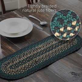 VHC Brands Pine Grove, Braided Jute Table Runner, Oval, Green, 8x25