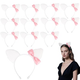 SAVITA 12 Pcs Kitty Cat Ears Headbands with Bows, Cute Coquettish Pink and White Cartoon Headdresses Kitten Party Favors for Women Girls Birthday Party Decoration Supplies