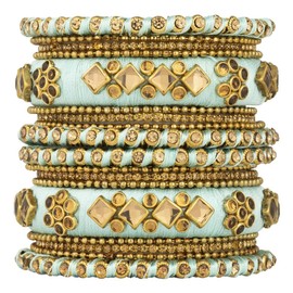 Aheli Silk Thread Fabric and Stone Studded Kundan, Chura Chuda Bangles Set Gift for Women Size 2.8 Inch