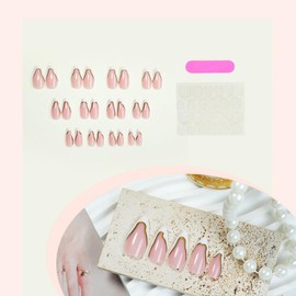 White French Tip Press on Nails Gold Line Fake Nails Medium Almond False Nails with Design Nude Glue on Nails Artificial Acrylic Full Cover Glossy Stick on Nails for Women Manicure 24Pcs