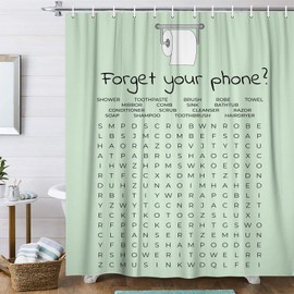 VeiVian Funny Bathroom Decor Shower Curtain Sage Green and White Bath Curtain, Fun Bathroom Word Search Forget Your Phone Bathroom Humor Shower Curtain Fabric Bathroom Accessories with Hooks 70X70IN