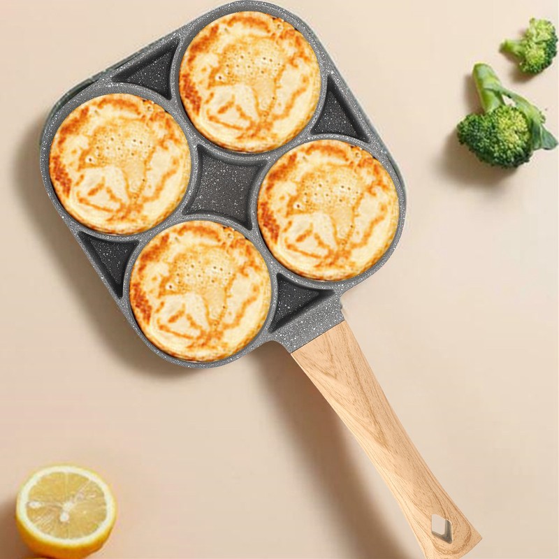 4‑Hole Egg Frying Pot Pancake Pan with Wood Handle for