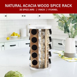 Orii Natural Acacia Wood Spice Rack with 20 EMPTY jars with Black Plastic Lids and FREE Stainless Steel Funnel and Labels