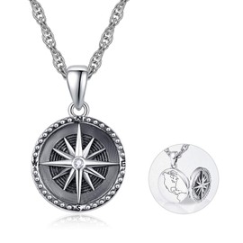 KINGWHYTE Sterling Silver Locket Necklace Compass Photo Locket Memory Pendant Necklace for Women Men With Stainless Steel Chain 50cm
