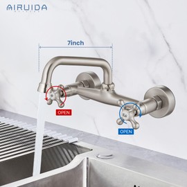 Airuida Wall Mount Kitchen Sink Faucet for 6 Inch(15cm) Spout Reach 8 Inch Center Adjustable Center Double Cross Handles Hot and Cold Water Mixer Tap 360 Rotatable Faucet Brushed Nickel