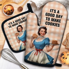 ZHANTUONE It's A Good Day to Make Cookies Funny Heat Resistant Oven Mitts and Pot Holders Set with Silicone Non-Slip, Vintage Lady Cookie Lovers Baking Gadgets, Gifts for Bake Lover Hostess Mom Wife
