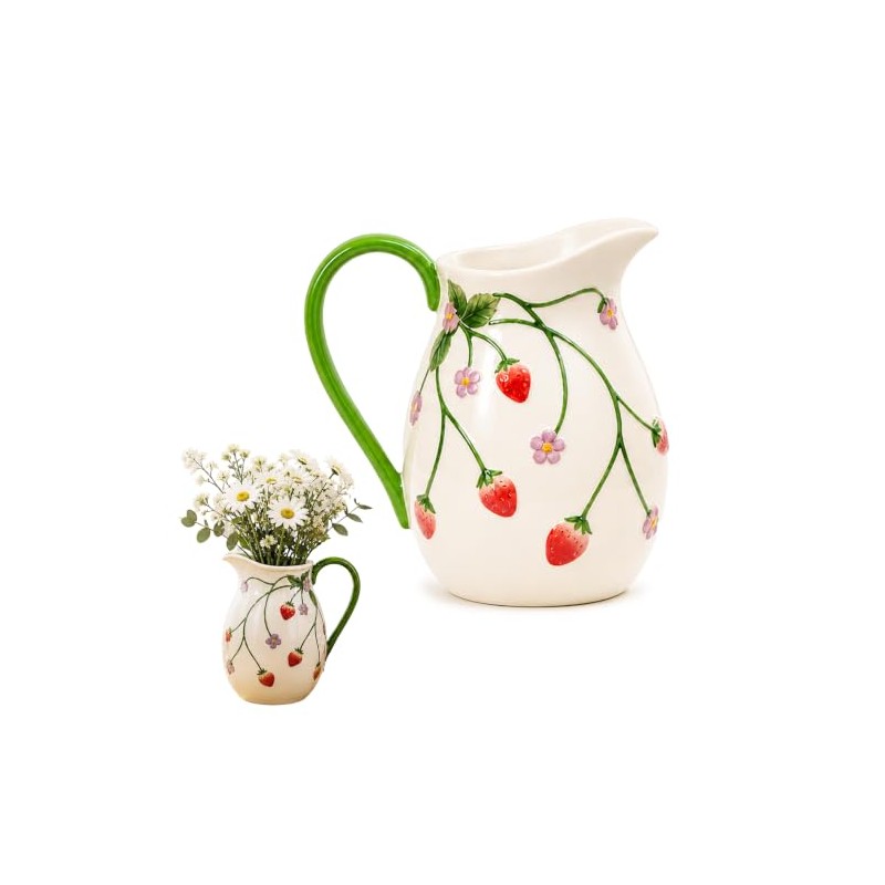 White Strawberry Pitcher Vase Ceramic Jug with Handle | Home