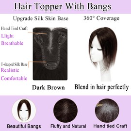 MEIYOU Clip in Bangs, Bangs Hair Clip Hair Toppers for Women 100% Real Human Hair, Side Parted Bangs Clip in Hair Extensions 360° 3D Cover Fake Clip on Bangs for Women (Dark Brown)