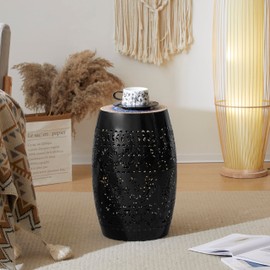 Christopher Knight Home Outdoor Side Table,Lace Cut Iron Side Table,Patio Garden Stool Coffee End Table,Round Hollow Drum Side Table,Metal Decorative Garden Stool for Patio, or Balcony,Black