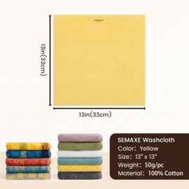 SEMAXE 100% Cotton Washcloths 12-Pack, 13 × 13 Inch Soft Yellow Face Towels – Super Absorbent & Quick-Dry, Premium Cloth with Hanging Loop, Oeko-TEX Certified, Gift-Ready Box
