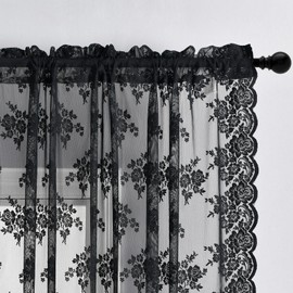 Kotile Black Lace Curtains 30 Inch Length 2 Panels Set, Country Rusitc Gothic Floral Short Lace Kitchen Window Curtains Over Sink, Rod Pocket Privacy Sheer Goth Lace Café Curtains, Each 52 x 30 Inch
