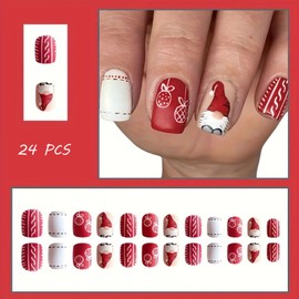 24 PCS Press on Nails Christmas Fake Nails Santa Claus Fake Nails Short Fake Nails Gifts for Women and Girls (No.10)