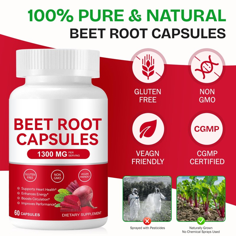 Beet Root Capsules 1300mg, Natural Energy & Endurance Support, Non-GMO