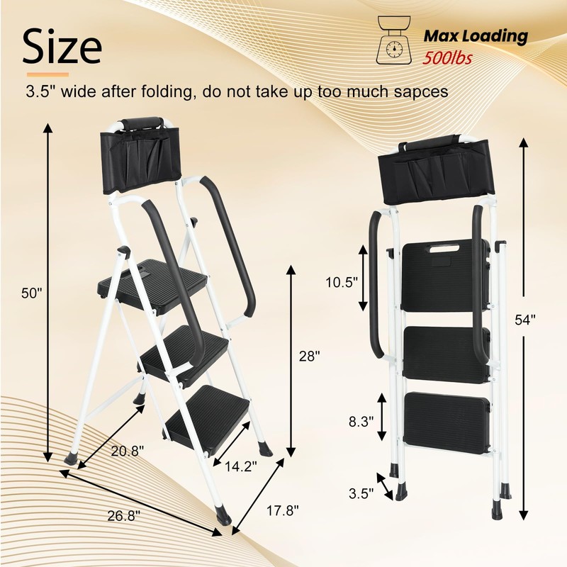 EASYBERG 3 Step Ladder with Safety Handrails, Heavy Duty Folding