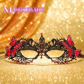 Yalice Butterfly Masquerade Masks Women Lace Eye Mask Black Costume Mask Sparkle Beaded Venetian Ball Mask for Roleplay (Red)
