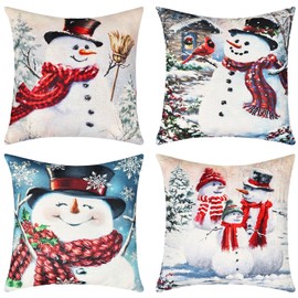 Joyoldelf Set of 4 Christmas Cushion Covers - 45 x 45 cm Cushion Covers Christmas Decoration for Bedroom Sofa Living Room Office Cushion Covers Decoration (Snowman)
