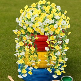 summer flower Artificial Flowers for Outdoors, 2pc Fake Hanging Plants Long Vine Morning Glory, UV Resistant Silk Artificial Flowers for Planter Porch Patio Balcony Home Decor (Yellow and White)