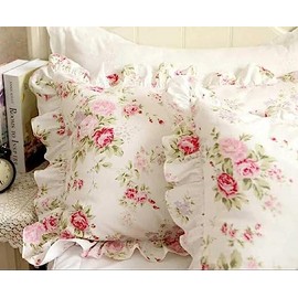 Kolachic Country Rose Roses Pink Floral Print Pillowcases Vintage Ruffles Bedding Pillow Covers Cotton Fabric Material Standard