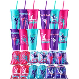 Nuogo 24 Pcs Gymnastics Party Favor, 12 Pcs 24oz Plastic Cups with Lids and Straws 12 Pcs Gymnastics Theme Gift Bags Birthday Goodie Bags Drawstring Treat Bag Gymnastics Party Supplies 11.8 x 9.8 Inch