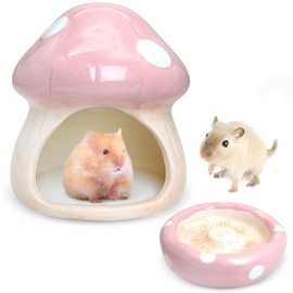 BNOSDM Ceramic Hamster Hideout and Food Bowl Set Cute Mushroom Shape Hamster House and Habitat Cool Hamsters Hide Suitable for Syrian, Mice, Dwarf Hamsters, Gerbils (Pink)