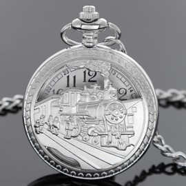 Vintage Steam Hollow Train Pocket Watch Mens Quartz Pocket Watches with Chain Christmas Graduation Birthday Gifts(40-Silver)