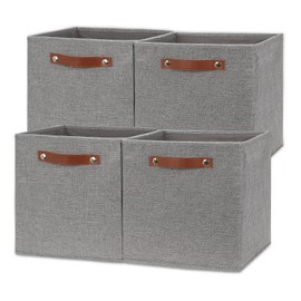 Temary 12x12 Storage Cube Bins 4 Pack Fabric Storage Cubes Storage Bins with Leather Handles, Storage Baskets Foldable Cube Organizers Bins for Home (Grey)
