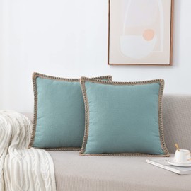 Set of 2 Farmhouse Throw Pillow Covers - Burlap Linen Trimmed Tailored Edges Decorative Cushion Covers for Bed Home Outdoor Decoration (2 Pieces, 22" x22", Teal Green/Linen Band)
