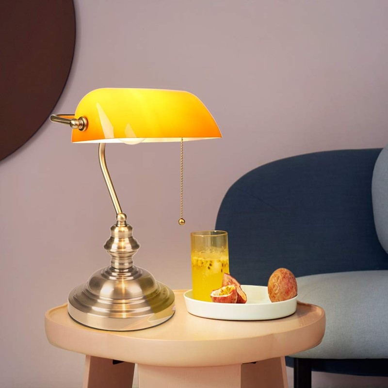 FIRVRE Bankers Desk Lamp with Pull Chain Switch, Amber Glass