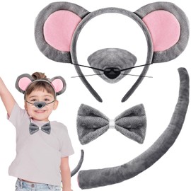 KMLGY 4Pcs Mouse Ears and Tail Costume Set Rat Ears Headband Nose Bowtie Tails Fancy Dress Accessories for Kids Adults World Book Day Cosplay Birthday Party Dress Up