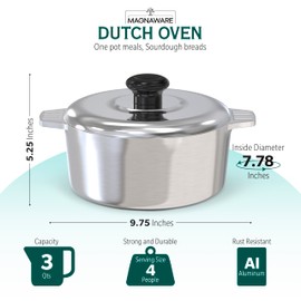 Magnaware Cast Aluminum Dutch Oven with Lid - 3 Quart Lightweight Cookware Pot with Silicone Covers for Easy Handling - Even Heat Distribution & Retention - For Bread Baking, Stew, Simmering & More