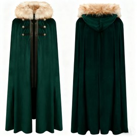 Limqer Unisex Medieval Viking faux fur collar cloak with hood Kings cloak Victorian cape Renaissance Steampunk costume(green, one size)
