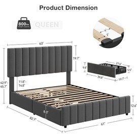 GarveeHome Queen Linen Upholstered Platform Bed Frame with 4 Storage Drawers, Adjustable Headboard, Wooden Slats Support, No Box Spring Needed, Grey