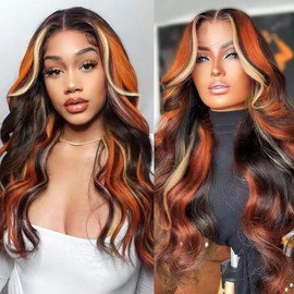 IHEREIN Black Ginger Blonde Highlight Wig Human Hair Lace Front Skunk Stripe Wig Body Wave Ombre Lace Front Wigs Pre Plucked Multi Colored 13x4 hd Frontal Wig for Women 180% Density 28 Inch