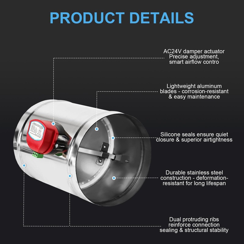 ZOWZEA 6" Motorized Duct Damper,On/Off Backdraft Damper Control, Stainless Steel