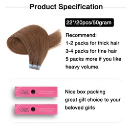 SUYYA Tape in Hair Extensions Human Hair Chestnut Brown 100% Remy Human Hair 50g/pack 20pcs Straight Seamless Skin Weft Tape Hair Extensions(22 inches #6 Medium Brown)