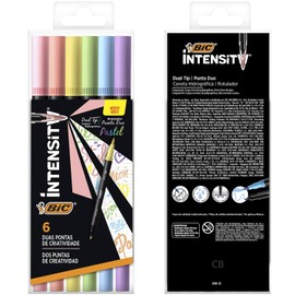 BIC, Plumón Intensity Doble Punta, Lettering, Journaling, Coloreado, Punto Fino, Punta Pincel, Surtido de Colores, 6 Piezas